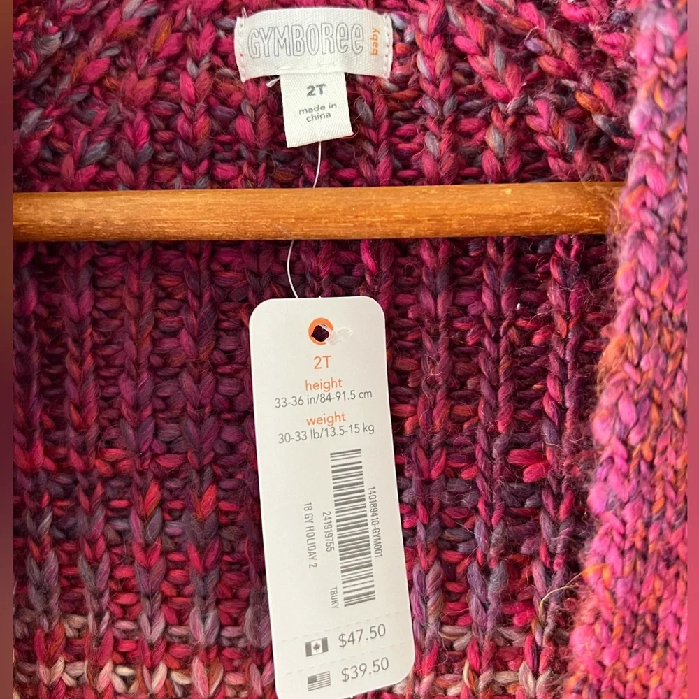 NWT Gymboree Red Multi-Colored Knit Open‎ Cardigan, sz 2T, cozy, warm, classic